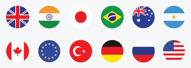 National flags set. Different countries national Flags. Flags collection of India, Brazil, England, America, Australia, Russia, Mexico, Canada, Argentina, Nederland, United Kingdom.