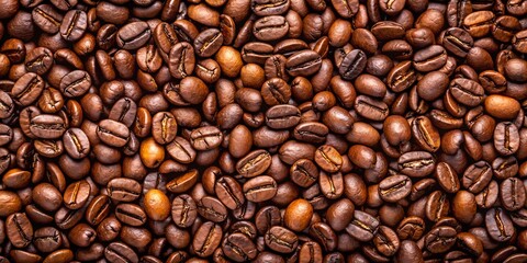 Fototapeta premium A closeup, highangle view of roasted coffee beans, showcasing their rich brown color and textured surface, perfect for representing the aroma and energy of a morning brew