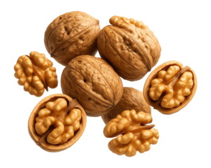 Fresh walnuts with shells and shelled halves.