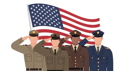 Four diverse military soldiers in various uniforms saluting in front of a large American flag.