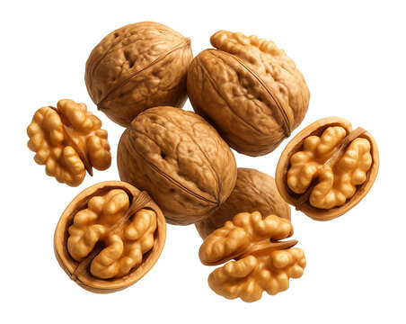 Fresh walnuts with shells and shelled halves.
