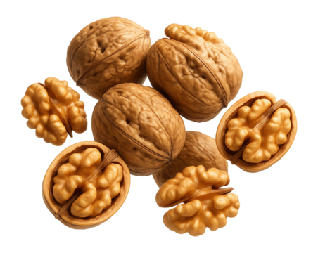 Fresh walnuts with shells and shelled halves.