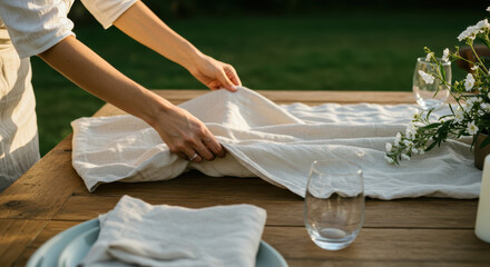 A white tablecloth is spread out on an outdoor table.