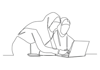 Single continuous line drawing of young muslim manager gives short job brief to team members at team meeting, Continuous line draw design vector illustration