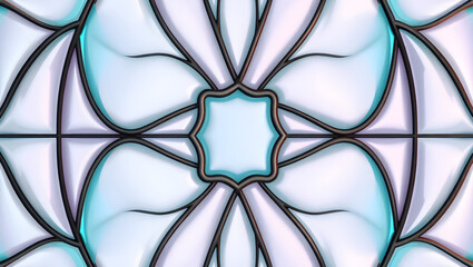 Abstract floral pattern with black lines and light blue infill creating a symmetrical design