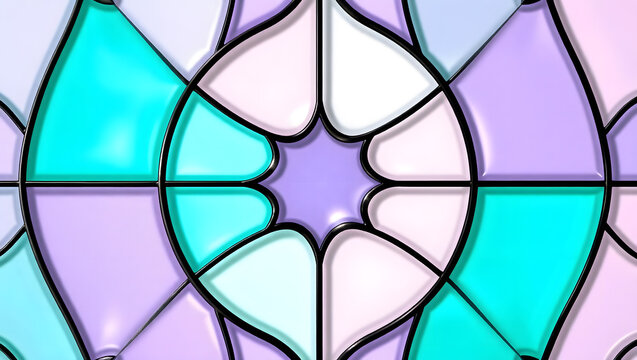 Abstract design featuring teal lavender and white tiles with black outlines in a circular pattern