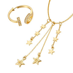 Elegant gold star pendant necklace and hoop earring set isolated on transparent background