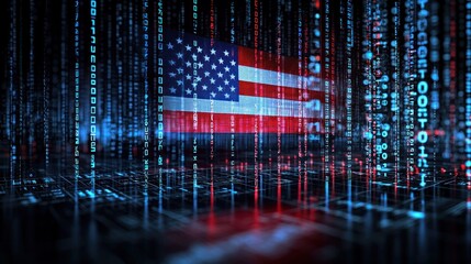 Digital American flag, binary code background