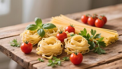 Fresh pasta nests with cherry tomatoes and basil on a rustic wooden table