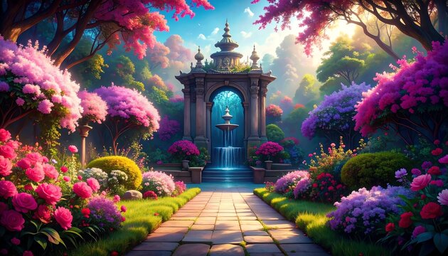 magnificent stone archway with a central water fountain serves as a focal point in a lush and enchanting garden. The pathway is lined with an incredible array of vibrant flowers