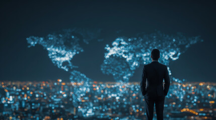A businessman in a suit stands, gazing at a digital world map with glowing city lights in representing the concept of a global network connection, technology, social media, and data transfer.