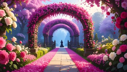 Fototapeta premium majestic and romantic scene of a person standing at the end of a stone and floral path, leading through a series of elaborate arches covered in vibrant pink flowers. The image, with its rich colors