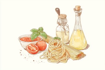 Italian pasta ingredients isolated on white background,  raw spaghetti, fresh tomatoes, basil leaves, and a jar of tomato sauce and oil. Minimalist composition, clean and appetizing presentation.