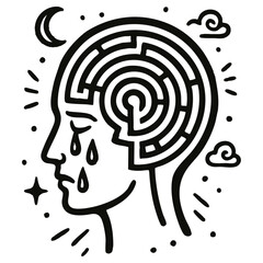 Sad human head with maze brain and tears &ndash; mental health depression concept illustration.