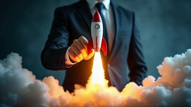 Businessman touch rocket launch investment growth, planning and starting corporate business start up aiming objective value development leadership and customer target group..