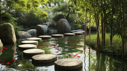 Stepping stones over still water in a garden, each decorated with red petals, creating an elegant and tranquil atmosphere. Pool setting with water reflections adding depth to the serene scene.