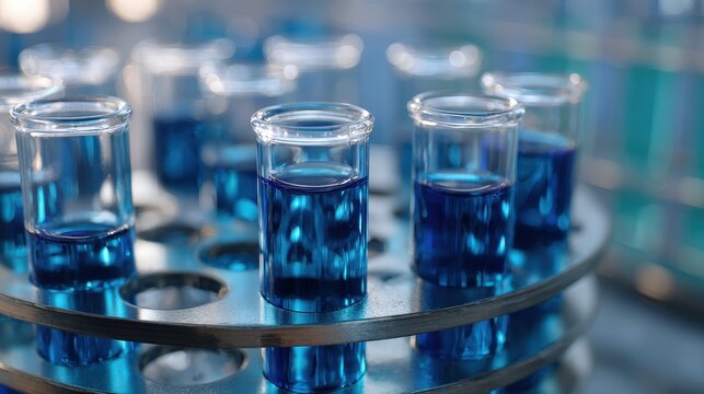 A 4K photo of test tubes with blue liquid are arranged in a circular rack. Scientific research, laboratory equipment.