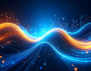 Futuristic abstract illustration of glowing electric currents flowing like dynamic energy waves, in neon blue and orange tones, symbolizing electricity, power, innovation, and modern technology. Perfe