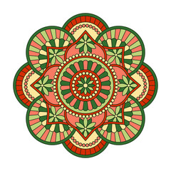 Vector mandala isolated on white background. Ornament card with mandala on red and green colors. Oriental pattern, vintage decorative element for design