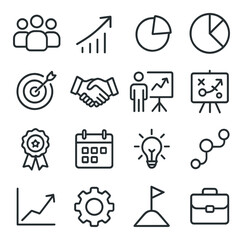 Linear business icon set featuring teamwork, growth, analytics, target, handshake, presentation, and innovation symbols