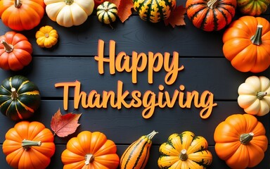 Happy Thanksgiving greeting text with colorful pumpkins, squash and leaves over dark wooden background. High quality