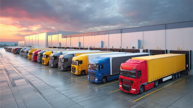 Colorful Fleet of Delivery Trucks in Loading Dock at Sunset with Dramatic Cloudy Sky and Reflective Wet Ground