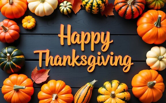 Happy Thanksgiving greeting text with colorful pumpkins, squash and leaves over dark wooden background. High quality