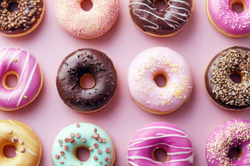 Various delicious donuts with different toppings on a light pink background