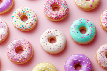 Various delicious donuts with different toppings on a light pink background