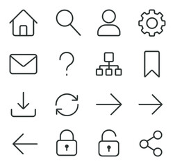 Linear office icon set with home, search, user, settings, email, question, structure, bookmark, download, reload, arrow, lock, share