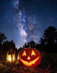 Glowing Halloween Pumpkin under Starry Night Sky