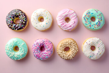 Various delicious donuts with different toppings on a light pink background