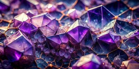 A stunning closeup macro photograph showcasing the intricate geometric facets and vibrant purple hues of a natural amethyst crystal cluster, highlighting its raw beauty and sparkling texture