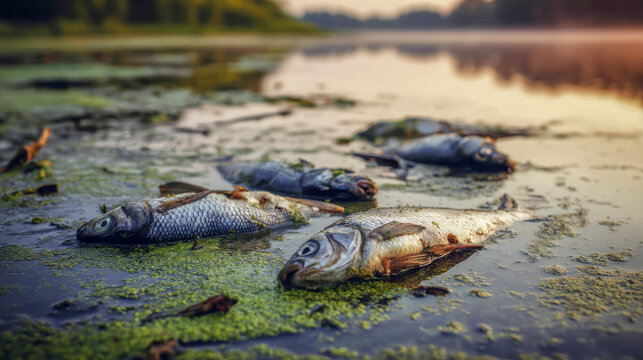 Dead fish lying on the surface of a lake surrounded by green algae and natural vegetation, reflecting the impact of pollution on aquatic ecosystems and wildlife health