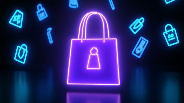 Stylish neon handbag with bright geometric shapes in a dynamic background, perfect for fashion and shopping themes.