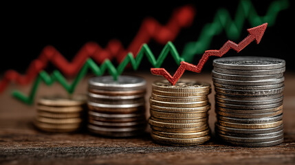 Stock market and cryptocurrency volatility illustrated by stacked coins and up down graph arrows