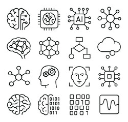 Linear ai and brain network icons set: brain, chip, ai, network, cloud, flowchart, face recognition