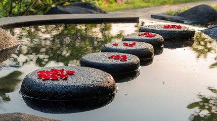 Stepping stones over still water in a garden, each decorated with red petals, creating an elegant and tranquil atmosphere. Pool setting with water reflections adding depth to the serene scene.