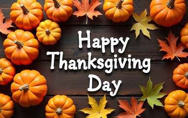 happy thanksgiving day concept autumn composition,ripe orange pumpkins fallen leaves on rustic wooden table flat lay top view copy space. High quality