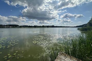 a beautiful lake for fishing with overgrown water lilies and a beautiful sky