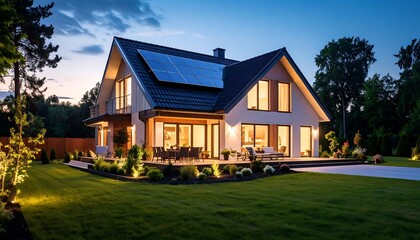 Fototapeta premium Modern Home with Solar Panels and Outdoor Lighting at Dusk