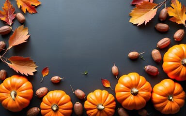 Autumn harvest side border with pumpkins, leaves and nuts over a slate stone background. High quality