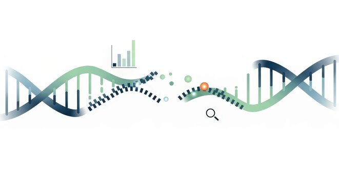 Abstract illustration of DNA strand undergoing genome sequencing, gene expression analysis, and mutation detection process.