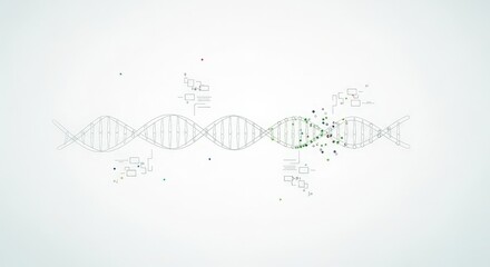 DNA helix structure with colorful particles and abstract elements representing genetics research, genome sequencing, and gene expression analysis.
