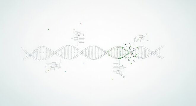 DNA helix structure with colorful particles and abstract elements representing genetics research, genome sequencing, and gene expression analysis.