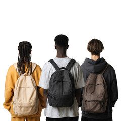 Naklejka premium Three young people are standing next to each other, each wearing a backpack