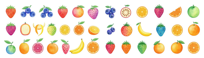 Colorful assortment of hand-drawn fruits, including strawberries, oranges, bananas, and blueberries.