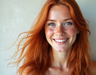 Fototapeta premium Joyful woman with vibrant red hair and freckles smiles warmly. Natural lighting enhances her features. A gentle breeze tousles her long, flowing hair, creating a sense of natural movement and beauty.