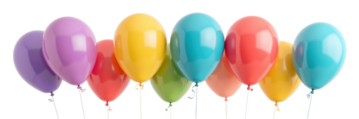 Colorful balloons in various shades, including purple, yellow, blue, red, and green, create festive atmosphere perfect for celebrations