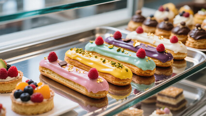 Colorful glazed eclairs with berries and pistachios displayed in a pastry shop showcase. Elegant French dessert selection.